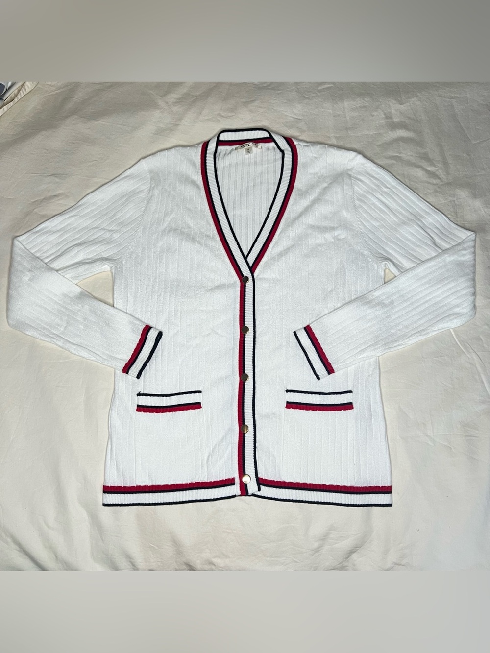 White V-Neck Button Cardigan with Red & Navy Trim